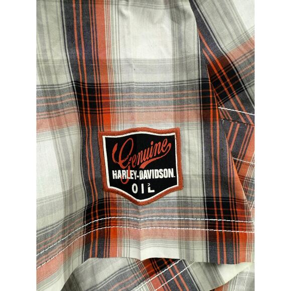 Harley Davidson Button Up Shirt L Plaid Orange Gray Short Sleeve Motorclothes - Picture 3 of 10